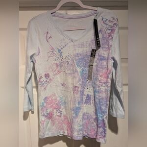 NEW! NICOLE MILLER Baby Blue Studded Paris V Neck Knit Top 3/4 Sleeve Medium NWT